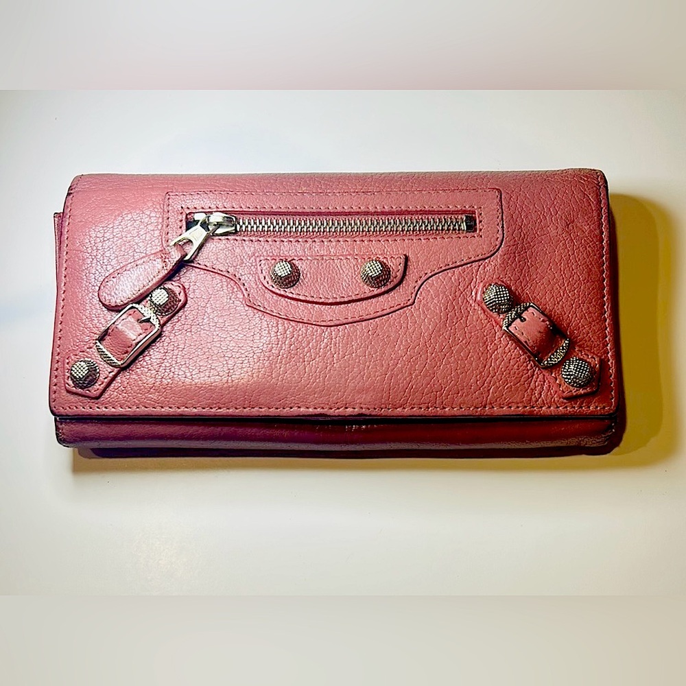 Authentic Balenciaga Salmon Pink Leather Women's Long City Wallet Clutch
